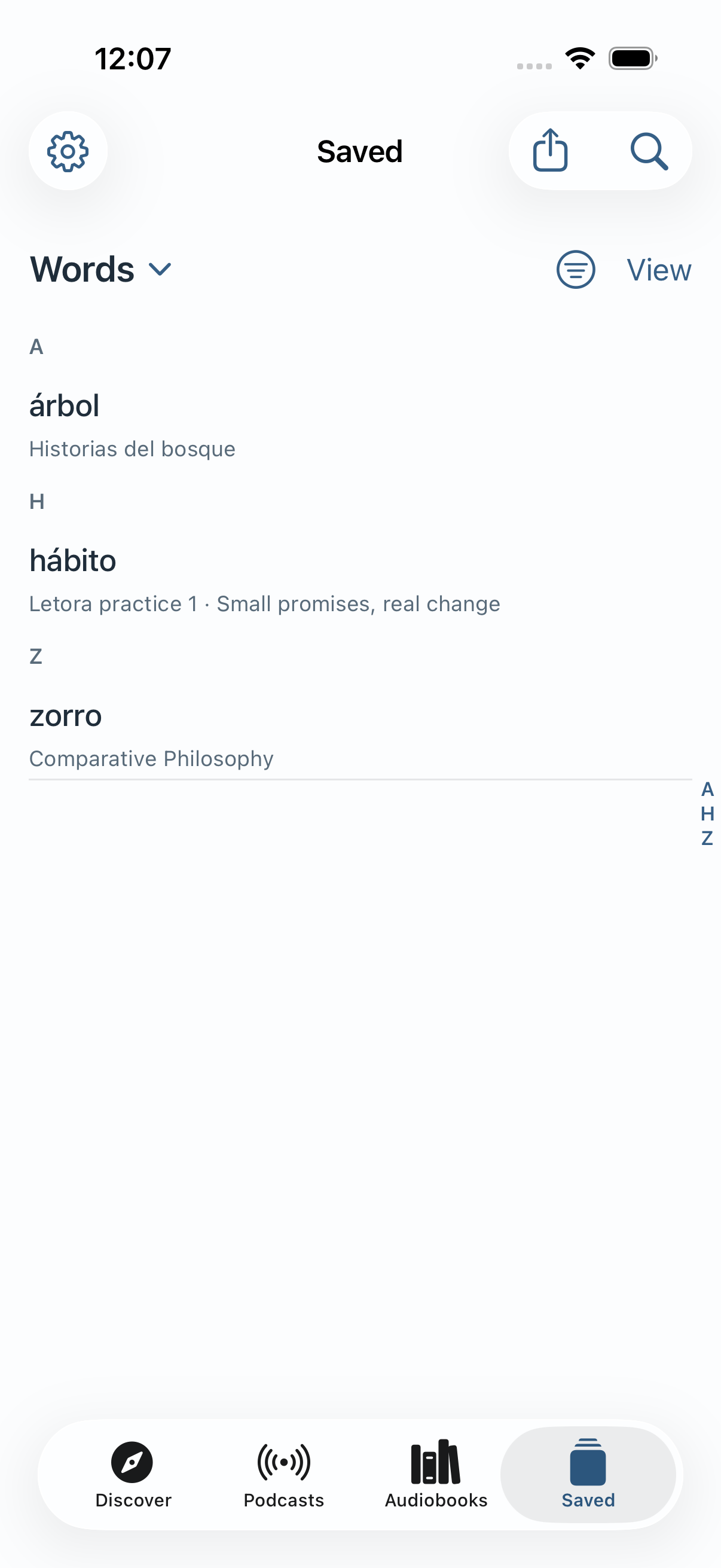 Saved · one A–Z vocabulary collection
